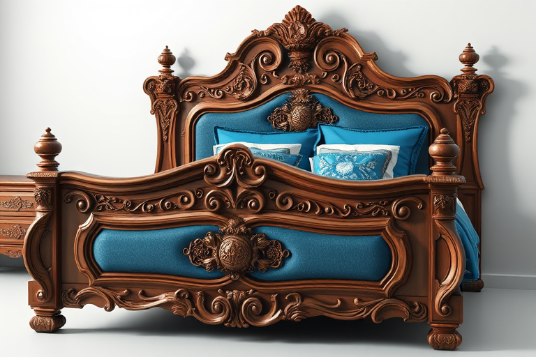Create a detailed 3D rendering of an ornate wooden bed with intricate carvings, featuring a plush mattress and decorative bedding in a rich blue color, captured with a DSLR camera at f/1.8 aperture, ISO 100, 35mm lens, in a soft diffused light to enhance textures and shadows.