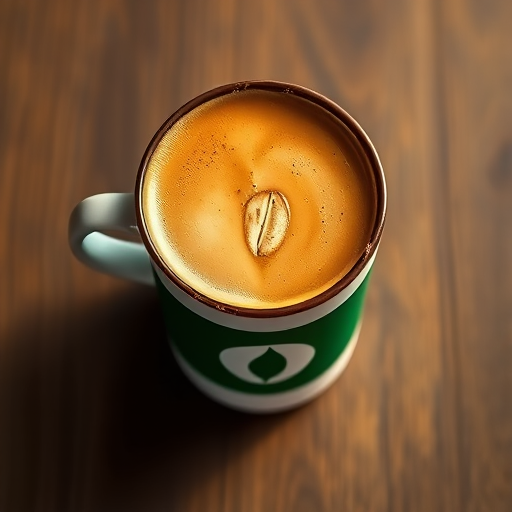 Regenerate a stylized coffee cup, featuring a green band with a coffee bean symbol, captured with a Canon EOS R, 50mm f/1.8 lens, ISO 100, aperture f/4, natural lighting, top-down view for enhanced detail and clarity.