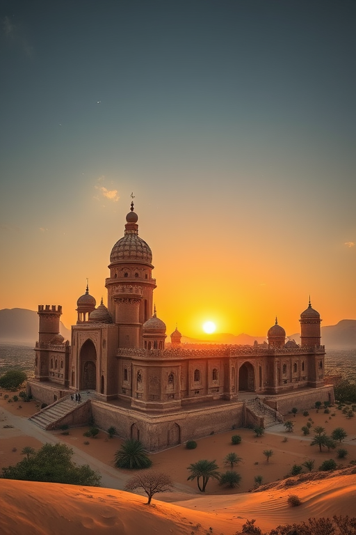 Regenerate the image of a majestic castle surrounded by a desert landscape at sunset, with intricate towers and detailed architecture, captured with a DSLR camera, 50mm lens, f/8 aperture, ISO 100, in natural light, panoramic view for enhanced depth.