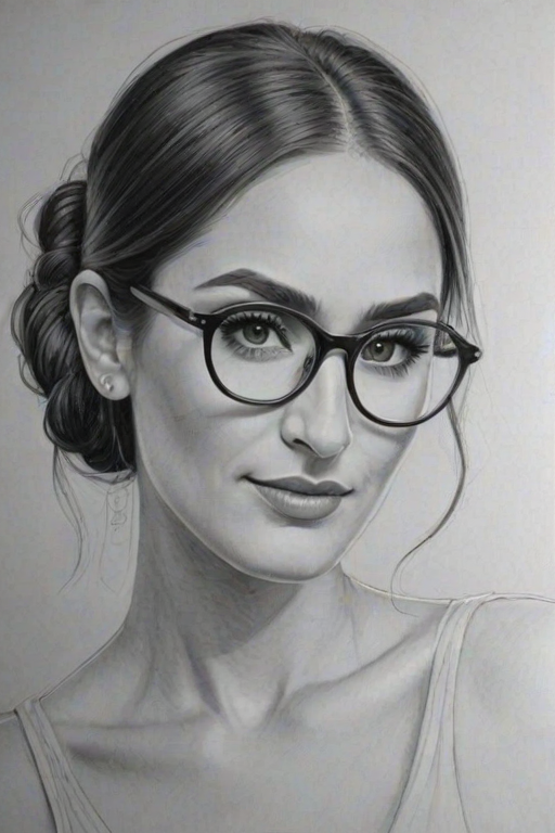 Lovely Nikki Bella, pencil sketch, portrait of Lovely woman 1926s in glasses, hair style beatnik, outline, clear lines, fine lines, 8k