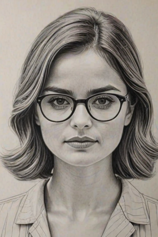 Superb Jenna Coleman, pencil sketch, portrait of Comely woman 1947s in glasses, hair style beatnik, outline, clear lines, fine lines, 8k