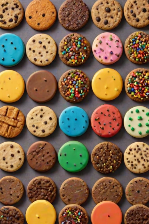 Generate an image of a colorful assortment of cookies arranged in a grid pattern. Include cookies with various flavors and textures, such as chocolate chip, sugar cookies with sprinkles, and peanut butter cookies. Ensure the background is light and enhances the vibrant colors of the cookies.