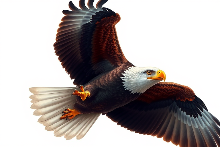 Create a highly detailed illustration of an eagle in flight with sharp, contrasting features, using a DSLR camera with a 50mm lens, f/2.8 aperture, ISO 100, shot at a 45-degree angle to highlight wing structure, in high dynamic range style for vibrant colors and depth.