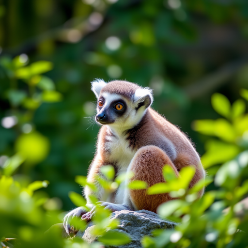 Capture a close-up of a lemur sitting on a rock surrounded by lush greenery, natural light enhancing details, shallow depth of field with a bokeh effect, DSLR camera, 50mm lens at f/1.8, ISO 200, 1/200s shutter speed.