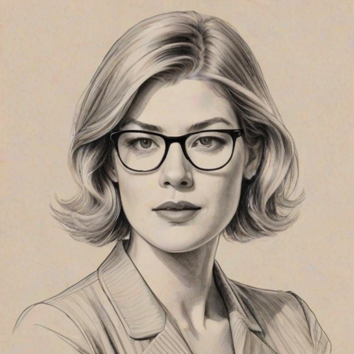 Dazzling Rosamund Pike, pencil sketch, portrait of Wonderful woman 1930s in glasses, hair style beatnik, outline, clear lines, fine lines, 8k