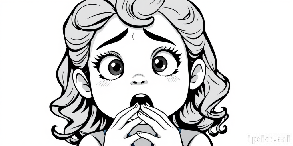 The image is a black and white illustration of a young girl with curly hair. She has a surprised expression on her face with her mouth open and her hands clasped together in front of her chest. Her eyes are wide and her eyebrows are furrowed. Her hair is styled in loose curls that are cascading down her back. The overall mood of the image is one of shock or surprise.