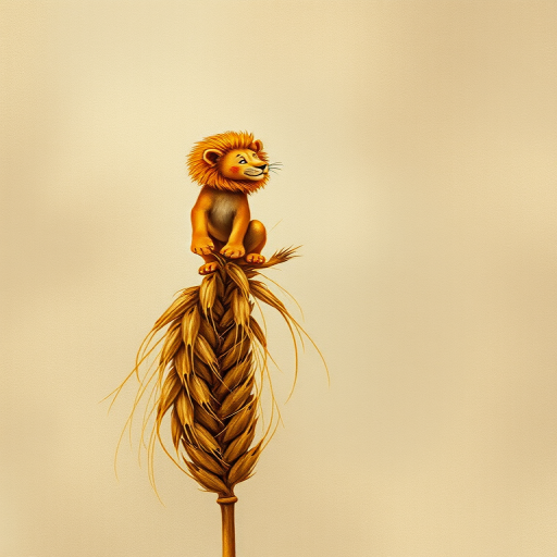 Soft, muted Alcohol Ink with ebru effect background image of tiny whimsical lion, who climbed high on the top of a golden rye ear.