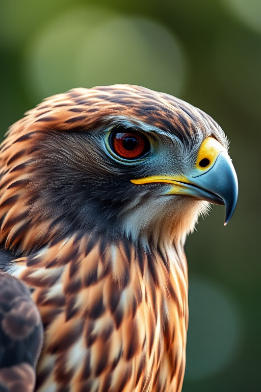 highly detailed close-up of a hawk with intricate feather patterns, soft bokeh background, natural lighting, 50mm lens, f/1.8 aperture, ISO 100, shot in RAW format, focus on the eye for sharpness and clarity