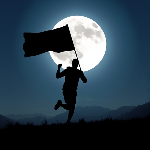 Generate an image of a silhouetted figure running with a flag under a large moonlit sky, surrounded by mountains, using a DSLR camera with a 50mm lens, aperture set to f/2.8, shutter speed of 1/125s, ISO 200, and shot from a low angle to enhance depth.