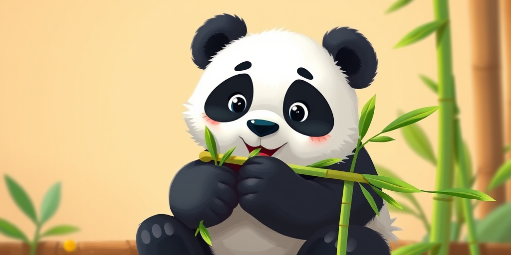 Create a cute, cartoon-style panda sitting and eating bamboo, with vibrant colors and a simple background, using a Canon EOS R5 with a 50mm f/1.2 lens, aperture set to f/2.8, shutter speed 1/200, ISO 100, soft lighting and shallow depth of field.