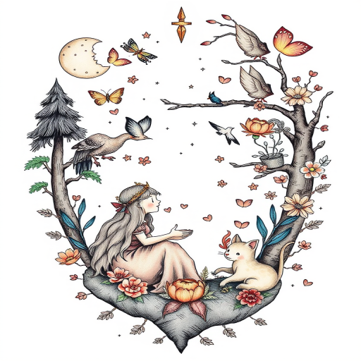 Illustrative tattoo style design called "Storybook Dreams" featuring whimsical hand-drawn elements and characters from fairy tales and folklore rendered in a soft pastel color palette