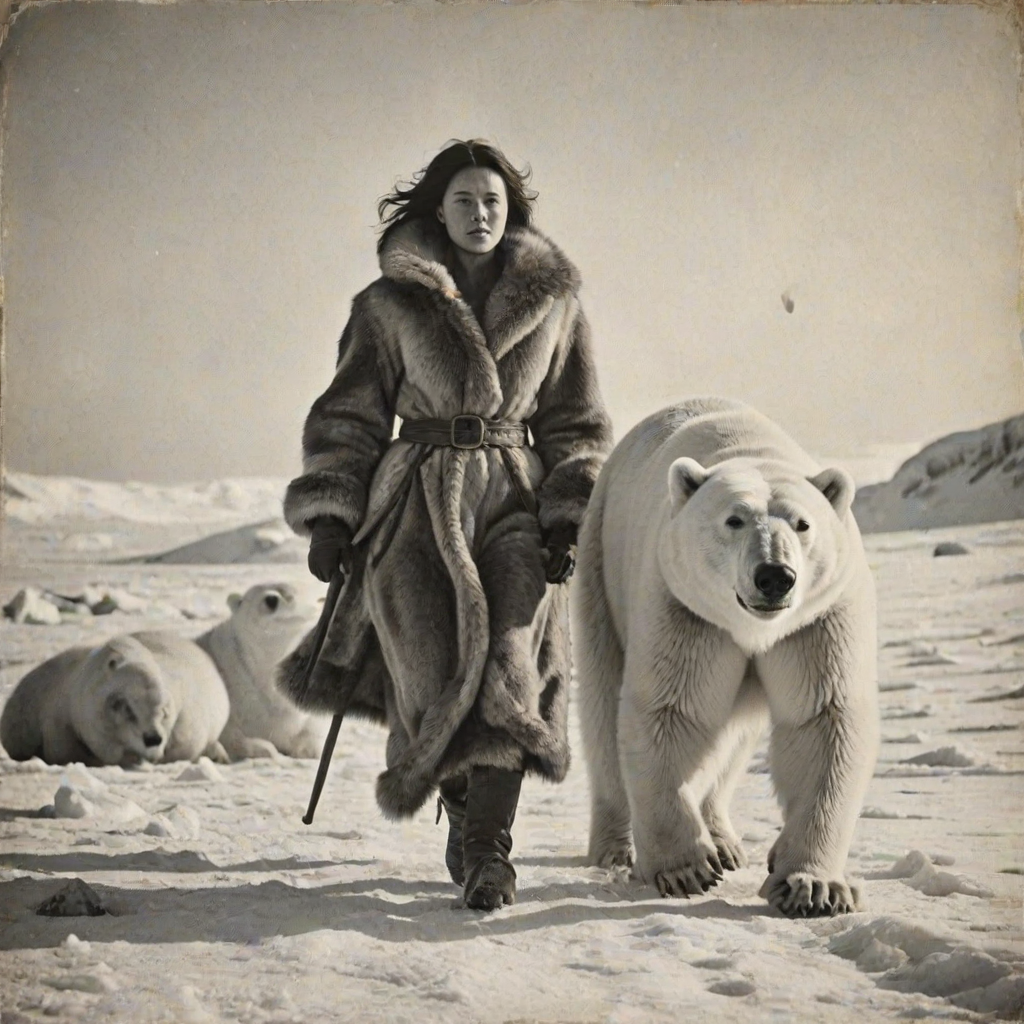 A very old photograph in black and white. The photo is badly damaged, faded, with scratches, tears, smudges and dirt. The photo is ultra-realistic and very detailed. It's a picture of an Arctic warrior. She is walking serenely towards the camera. At her side walks a majestic polar bear. Its fur shines in the sunlight. Snow, ice, sea. wind. snow in the air.