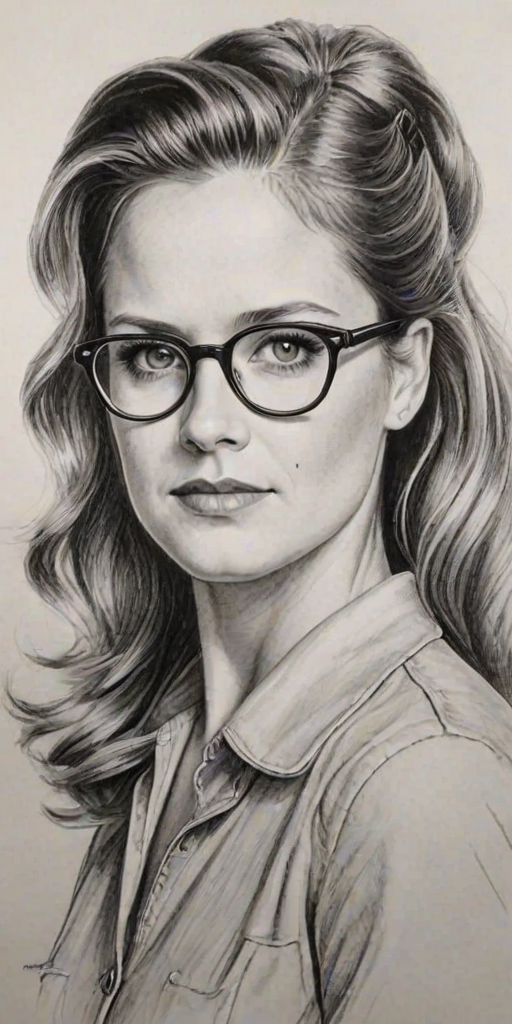 Attractive Maggie Lawson, pencil sketch, portrait of Fascinating woman 1941s in glasses, hair style beatnik, outline, clear lines, fine lines, 8k
