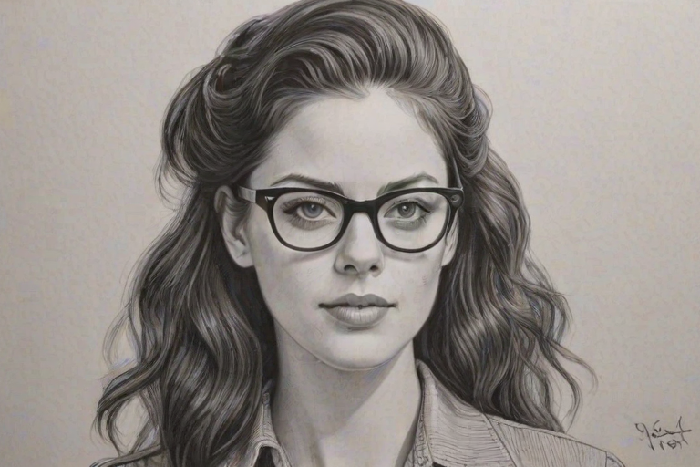Delightful Kaya Scodelario, pencil sketch, portrait of Magnificent woman 1951s in glasses, hair style beatnik, outline, clear lines, fine lines, 8k