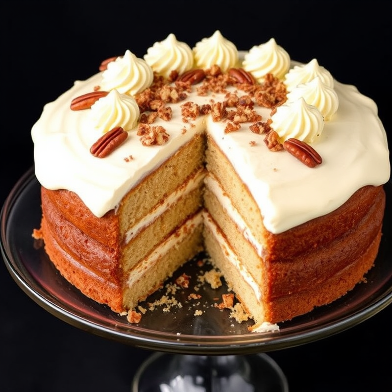 A delicious layered cake with cream frosting topped with chopped pecans and decorative dollops of frosting, showcasing a slice taken out revealing the moist interior, displayed on a glass cake stand with a dark background.