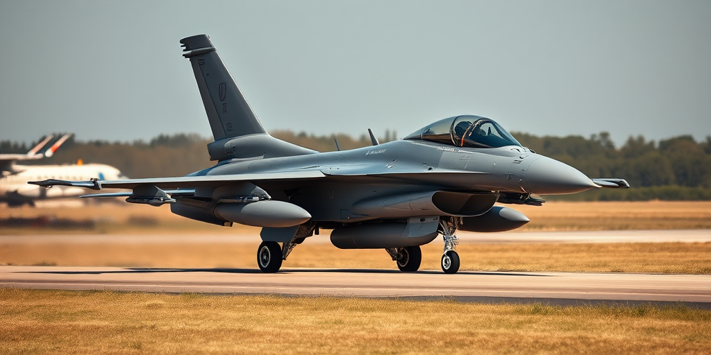 F-16 fighter jet on the runway, captured with a Canon EOS 5D Mark IV, 50mm lens, aperture f/8, ISO 200, 1/500 sec shutter speed, in a side view angle for enhanced detail and clarity.