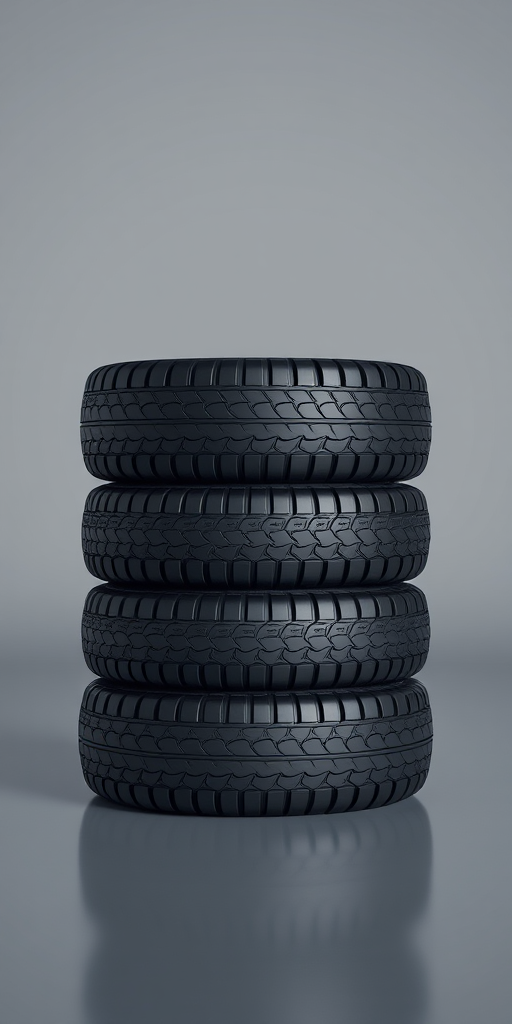Create a high-resolution 3D render of a stack of five black tires on a transparent background, using a Canon EOS R5 camera with an aperture of f/8, ISO 100, and a focal length of 50mm, in a studio lighting setup to enhance details and reflections.