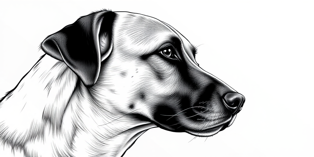 Create a high-contrast black and white illustration of a dog's head with detailed fur texture, using a shallow depth of field, 50mm lens, f/1.8 aperture, ISO 200, soft lighting, side view, digital illustration style.