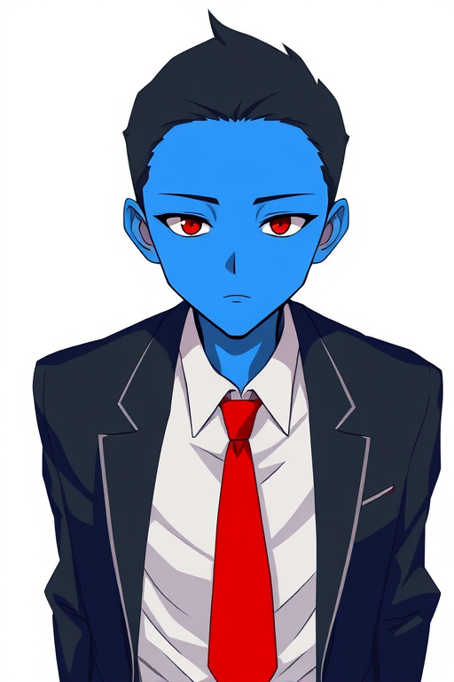 Create an illustration of a character with a blue face, wearing a black suit and red tie, in a minimalist design, using a digital art style, with a high resolution of 300 DPI, ensuring vibrant colors and smooth lines, with a top-down camera view to highlight the character's features.