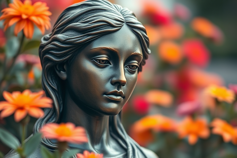 High-quality image of a bronze statue of a woman with a serene expression, surrounded by blurred colorful flowers, taken with a DSLR camera at F/2.8, 1/500 sec, ISO 100, 50mm lens, shallow depth of field, soft focus background.