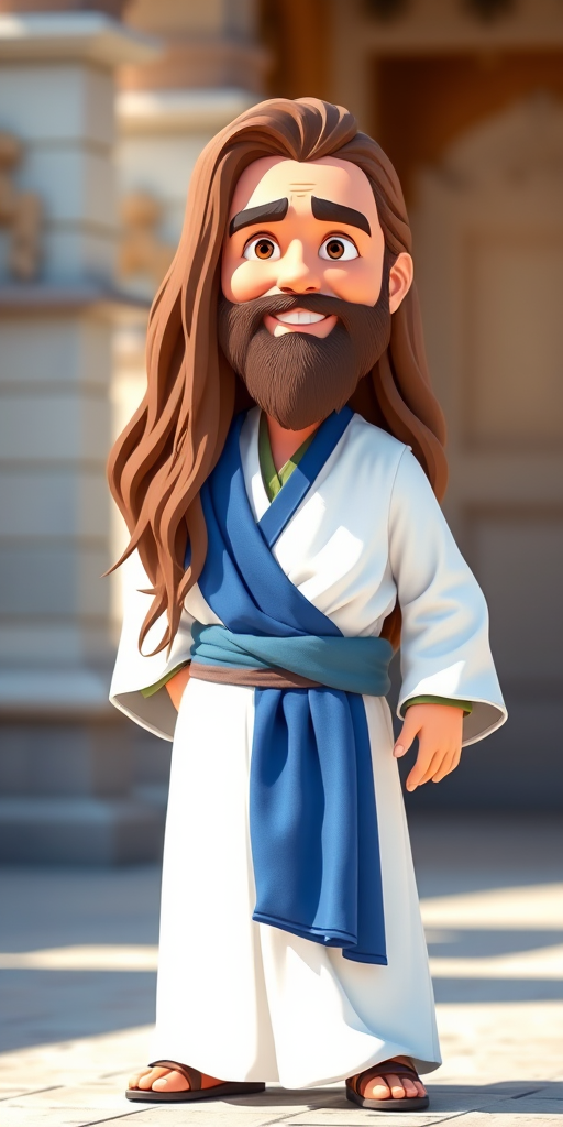 Create a cartoonish character of a man with long hair and a beard, wearing a white robe with a blue sash, standing in a neutral pose, shot with a DSLR camera at f/2.8 aperture, 50mm lens, in bright daylight, with a soft focus background to enhance the subject.