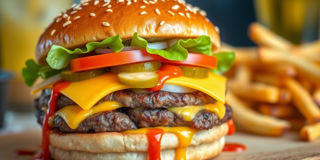 High-resolution, close-up image of a gourmet double cheeseburger. The burger features a glossy, sesame-seed-topped brioche bun. Inside, there are two thick, juicy beef patties, each topped with melted cheddar cheese. The burger is garnished with fresh lettuce, tomato slices, diced onions, and pickles. A generous amount of ketchup and a creamy, orange-colored sauce is dripping down the sides, adding to the mouth-watering appeal. In the background, there are blurred elements including a side of golden French fries and a hint of a beverage, enhancing the overall presentation of a delicious meal.