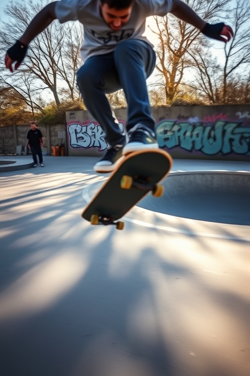 Blurry action shot of a skateboarder performing a trick at a skate park, mid-air with intense focus on their face, sunlight casting long shadows on the pavement, other skaters watching from the sidelines, graffiti-covered walls in the background.