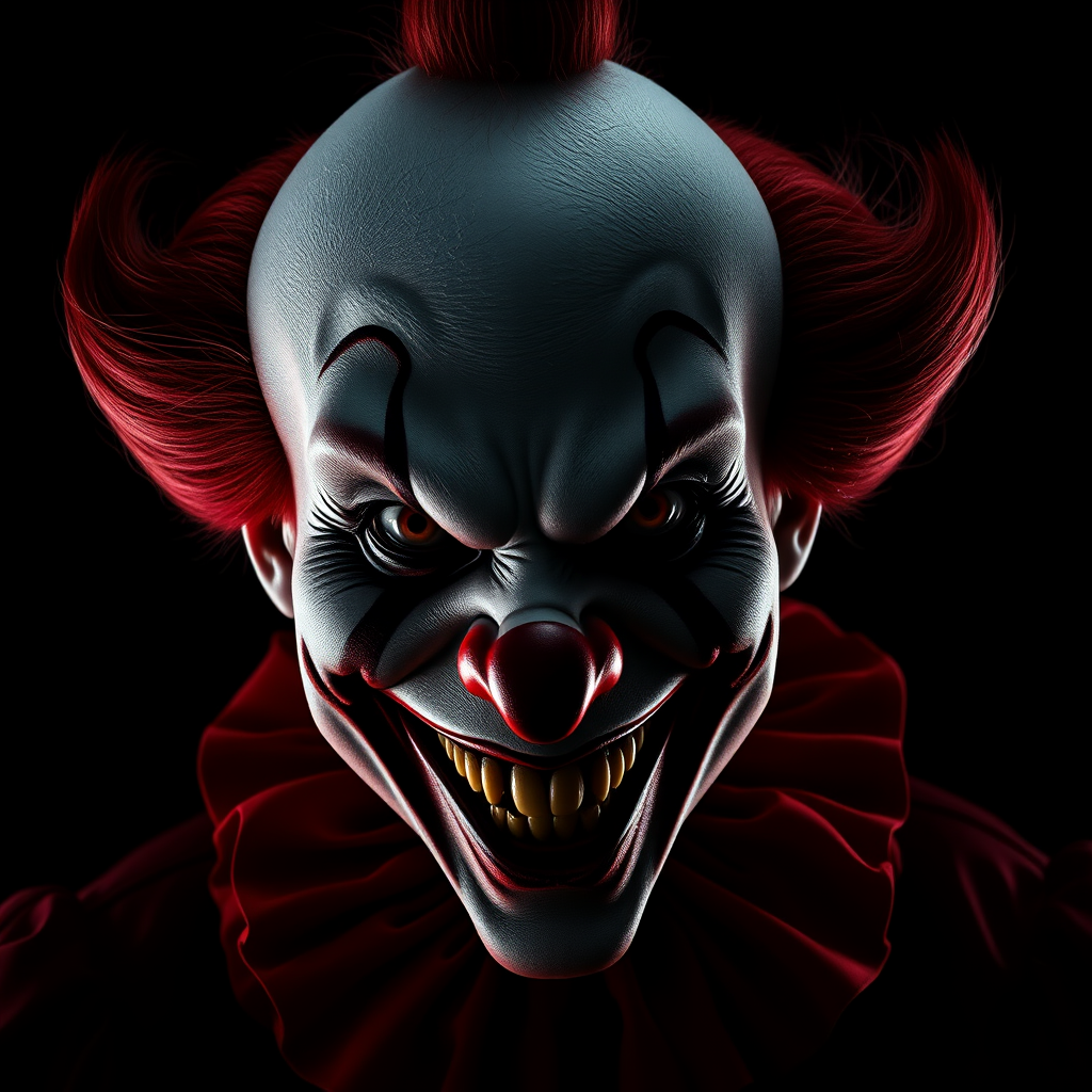 Create a hyper-realistic, dark, and eerie clown with a sinister smile, set against a black background. The clown should have exaggerated makeup with sharp, contrasting colors to enhance its menacing appearance. The overall atmosphere should be unsettling and intense, capturing a sense of horror and suspense