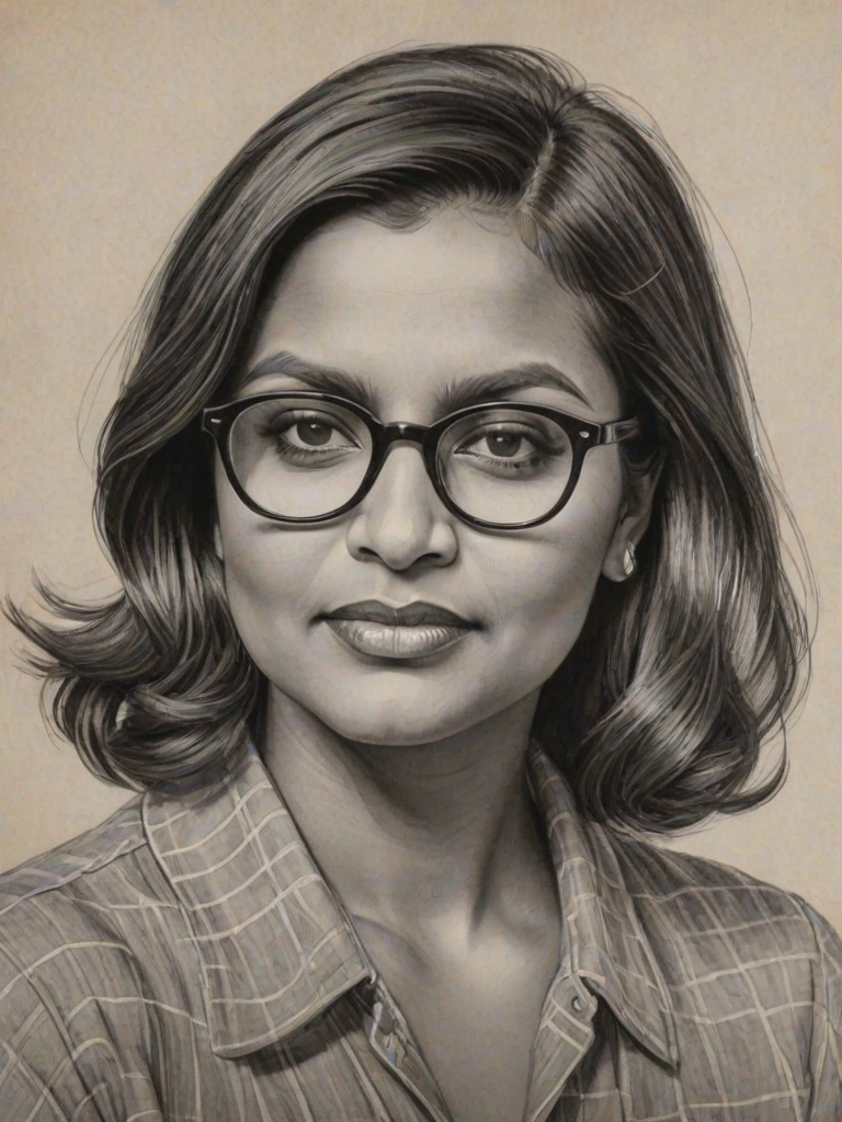 Fetching Mindy Kaling, pencil sketch, portrait of Fascinating woman 1932s in glasses, hair style beatnik, outline, clear lines, fine lines, 8k