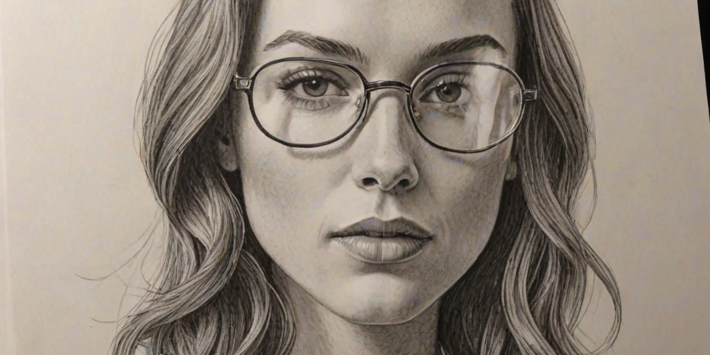 Superb Jessica McNamee, pencil sketch, portrait of Enticing woman 1974s in glasses, hair style beatnik, outline, clear lines, fine lines, 8k