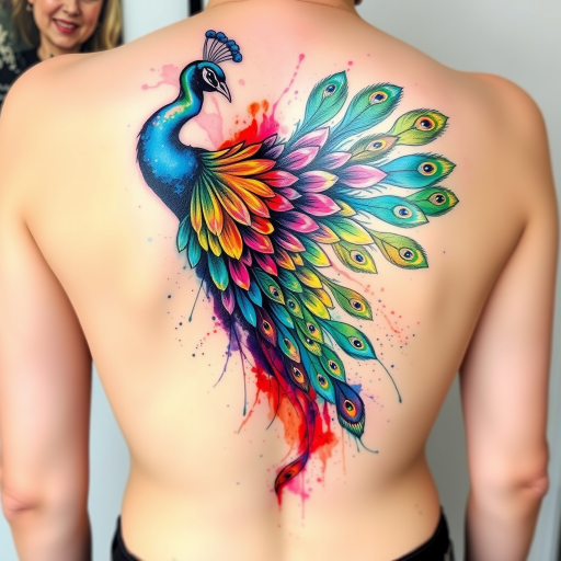 Vibrant watercolor tattoo named "Spectrum Splash" featuring a majestic peacock with iridescent feathers spreading across the upper back, its tail feathers transforming into a cascade of vibrant rainbow hues that flow down the spine, incorporating delicate brush strokes and paint splatters for a dynamic and artistic effect