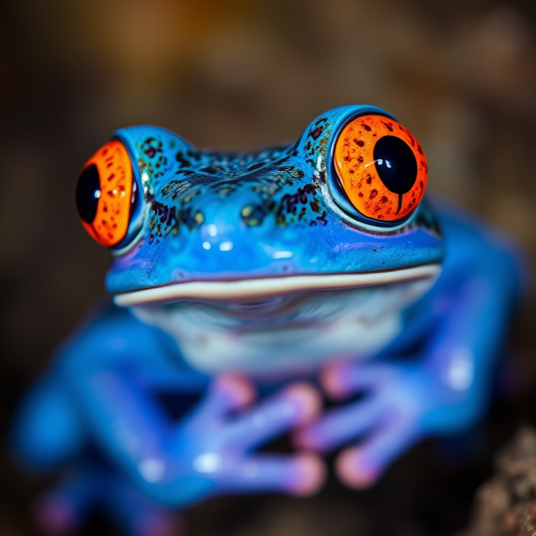 Underwater macro shot of a blue frog with vibrant orange eyes and coral-like features, 50mm lens, f/2.8 aperture, ISO 200, 1/125s shutter speed, soft diffused lighting, shallow depth of field, DSLR camera.