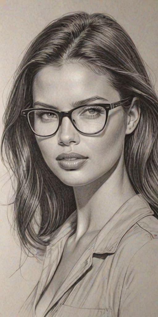 Enticing Adriana Lima, pencil sketch, portrait of Beauteous woman 1949s in glasses, hair style beatnik, outline, clear lines, fine lines, 8k