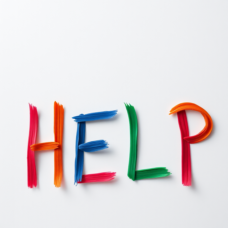 Regenerate the image of the word HELP created with colorful strokes, use a DSLR camera, 50mm lens, f/1.8 aperture, ISO 100, shot in natural light from an overhead angle to enhance vibrancy and clarity.