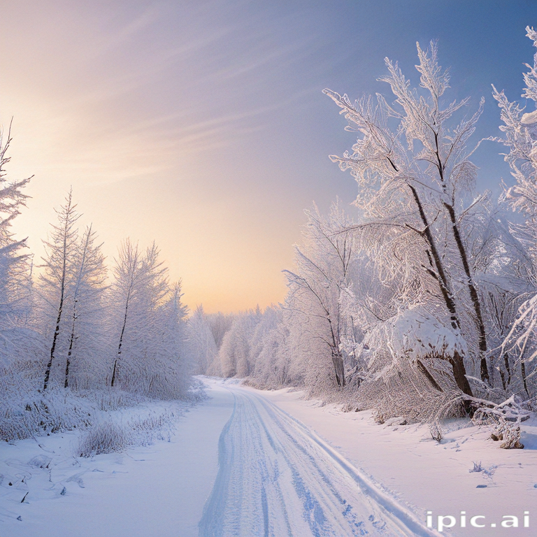 Serene Winter Wonderland: A Snow-Covered Path Through Frosty Trees
