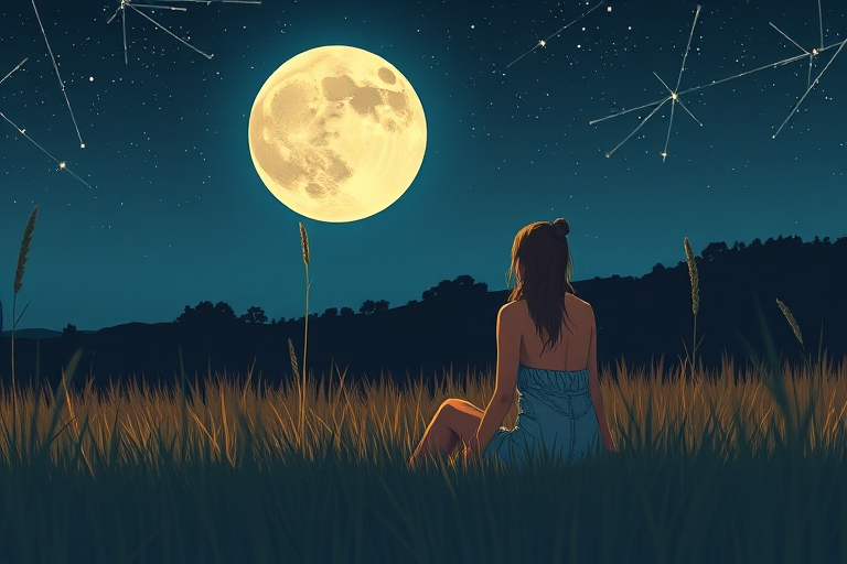 Generate an illustration of a woman sitting in a field at night with a large full moon and a starry sky above, capturing a serene atmosphere, using a DSLR camera with a 50mm lens, f/1.8 aperture, ISO 100, and a shallow depth of field for a soft bokeh effect.