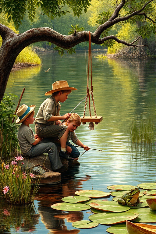 Imagine a small group of old fashioned young boys out fishing by the creek, a swing hanging from a tree branch, reeds and grasses by the water's edge, a frog sitting on a lily pad, dragonflies hovering over som water plans, a very iconic old fashioned scene reminiscent of a Norman Rockwell painting style