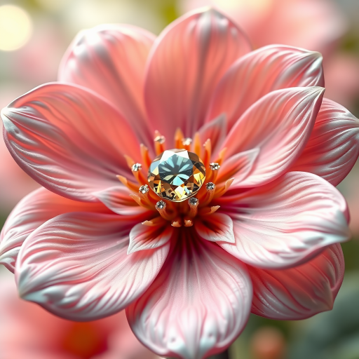 Create a hyper-realistic 3D rendering of an exquisite flower with intricate petal designs, soft lighting and a focus on the central gem, using a DSLR camera at f/1.8, ISO 100, and 85mm lens, with a shallow depth of field and bokeh effect.