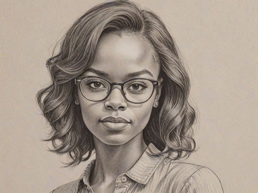 Stunning Ashleigh Murray, pencil sketch, portrait of Radiant woman 1968s in glasses, hair style beatnik, outline, clear lines, fine lines, 8k