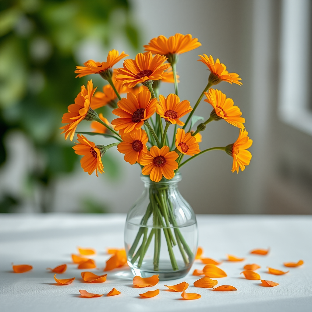 Still life of a vase filled with vibrant orange flowers, with petals scattered around, soft focus background, natural light, 50mm lens, f/2.8 aperture, ISO 100, DSLR camera, high dynamic range.