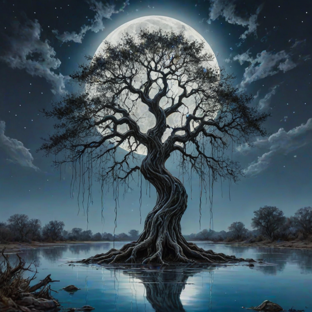 painting of a tree with a full moon in the background and water dripping from its branches, fantasy art, alcohol ink, 3D, 4K, HDRi