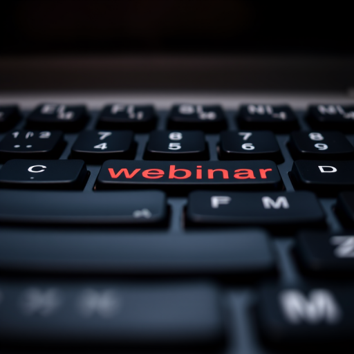 Capture a close-up view of a black keyboard with a focus on the keys, showing the word "webinar" in red on the space bar, using a DSLR camera at f/2.8 aperture, 1/100 sec shutter speed, ISO 100, and set to a macro lens for enhanced detail.