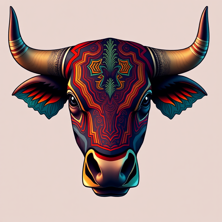 Create a highly detailed digital illustration of a stylized bull's head with intricate patterns and vibrant colors, using a focal length of 50mm, aperture set at f/2.8, ISO 100, shot from a frontal view in a soft studio lighting style, emulating a high-resolution digital art style.