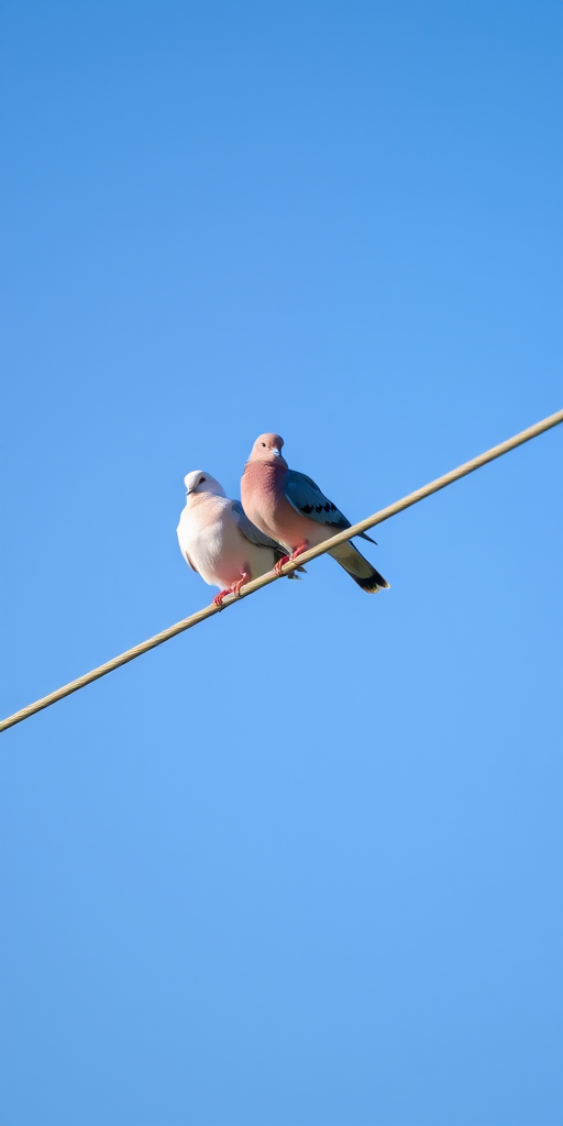 Two doves perched on a power line against a clear blue sky, photograph taken with a DSLR camera, 50mm lens, f/2.8 aperture, ISO 100, natural light, shallow depth of field to enhance background blur.