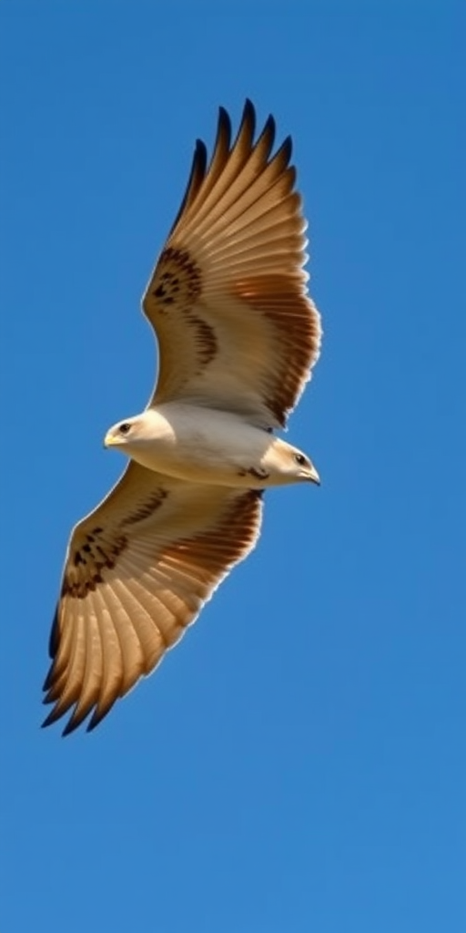 Create an image of a bird soaring gracefully against a clear blue sky, capturing the details of its wings and body in mid-flight with a Canon EOS 5D Mark IV, 1/2000s shutter speed, f/8 aperture, ISO 100, in a landscape orientation to enhance image quality.