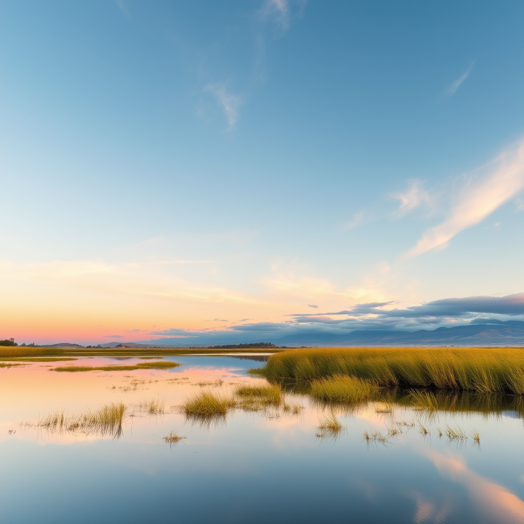 Create an image of a serene landscape at sunrise with soft pastel colors in the sky, featuring a calm lake reflecting the scenery, shot using a Canon EOS R5 with a 24-70mm f/2.8 lens, aperture set to f/8, shutter speed 1/125s, ISO 100, at a low angle perspective for dynamic depth.