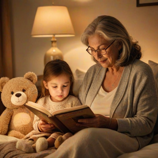 Warmly lit photo of a grandmother reading a bedtime story to her grandchild, soft golden light from a nearby lamp illuminating their faces, with a cozy blanket and stuffed animals scattered on the bed.