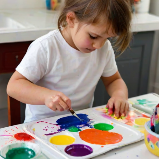 A child painting a white t-shirt with bright colors using a brush, with an egg carton for paint and splatters of paint on the surrounding table.