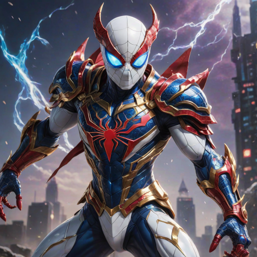 A high-budget, anime-style wallpaper featuring Spiderman in an epic White, blue red Kirin armor. Golden dragon gloves, the gloves is in the shape of dragon heads, Golden dragon head gloves, White glossy eyes, The armor is designed with metallic details that reflect light, showcasing intricate Kirin motifs. Spiderman's armor is a striking gradient of blue, red and white, with Colorful galaxy inner sections, making it look both powerful and sleek. The background is flat white, with Kirin-shaped blue-violet glowing rune relic to give the impression power, striking pose, the Kirin's armor is dominantly in white, with some details in blue and red, Cinematic anime action scene, cinematic action pose, medium shot action portrait, dramatic effect of shadow and light.