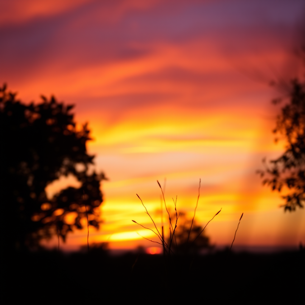 Create an image of a silhouetted landscape at sunset with vibrant orange and purple hues in the sky, captured with a DSLR camera at f/8, ISO 100, 1/250 sec, shot from a low angle to emphasize the foreground with depth of field focus.